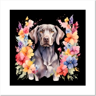 A weimaraner decorated with beautiful watercolor flowers Posters and Art